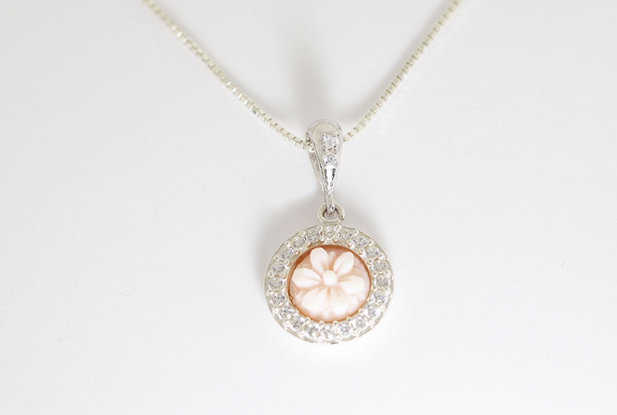CIONDOLO CONCHIGLIA ROSA 8MM ARGENTO CON ZIRCONI -2031