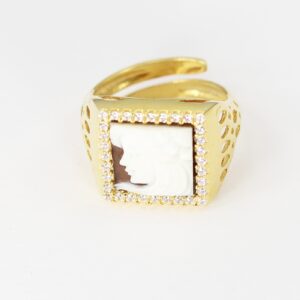 ANELLO QUADRATO SARDONICA 12MM PROFILO DONNA ARGENTO DORATO E ZIRCONI-2349